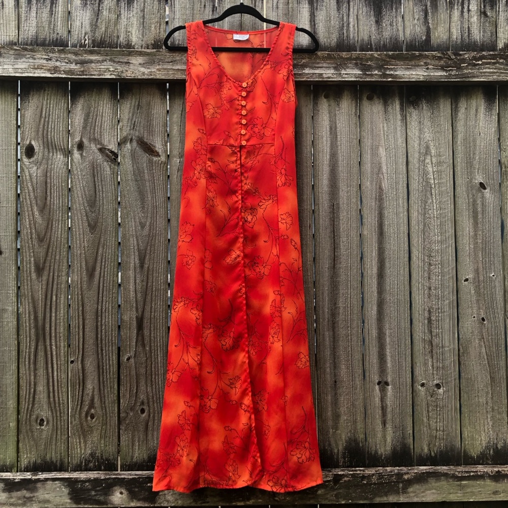 KC Spencer Vintage 90s Layered Maxi Dress Orange Red Floral Size 10 Duster